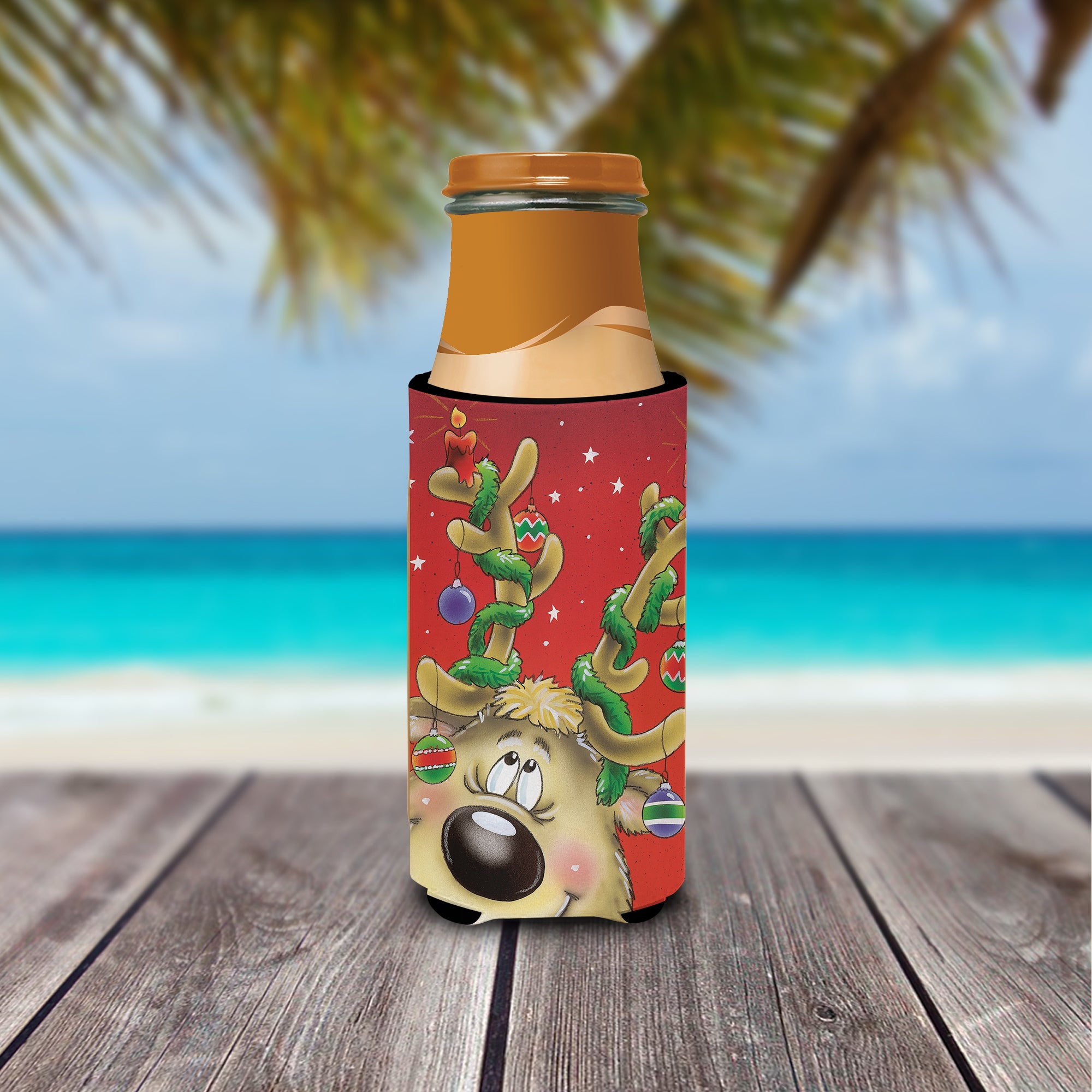 Comic Reindeer with Decorated Antlers Ultra Beverage Insulators for slim cans AAH7206MUK