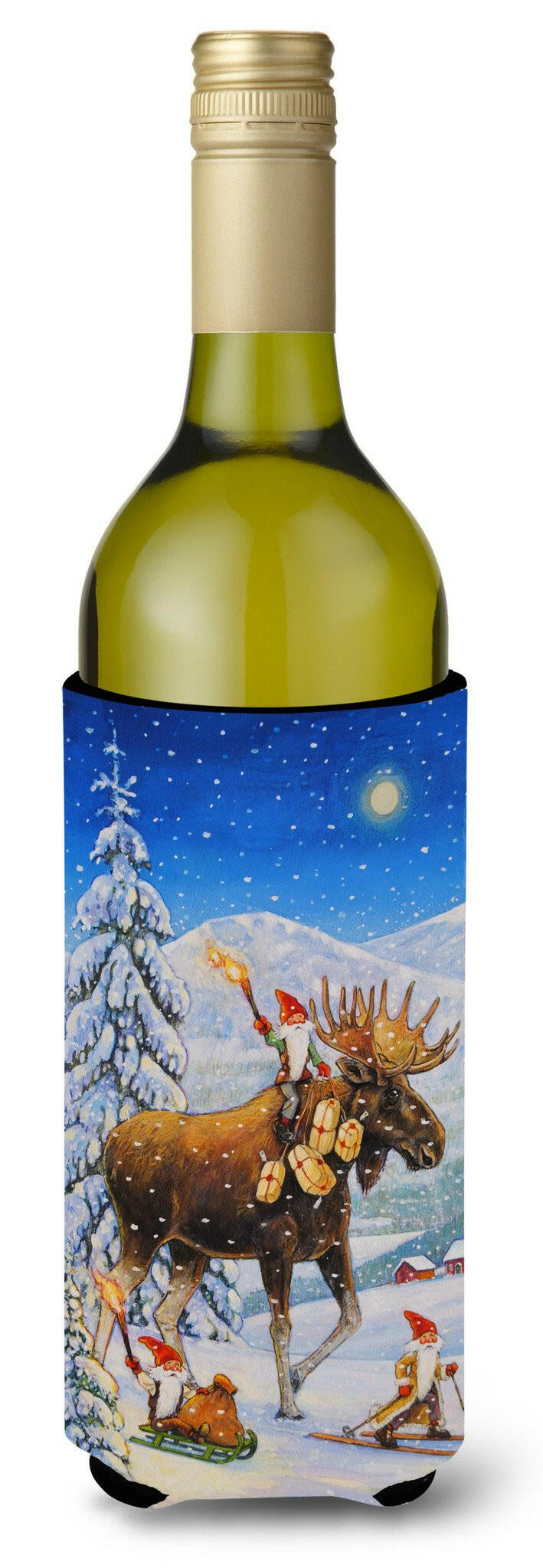 Christmas Gnome riding Reindeer Wine Bottle Beverage Insulator Hugger ACG0102LITERK by Caroline&#39;s Treasures