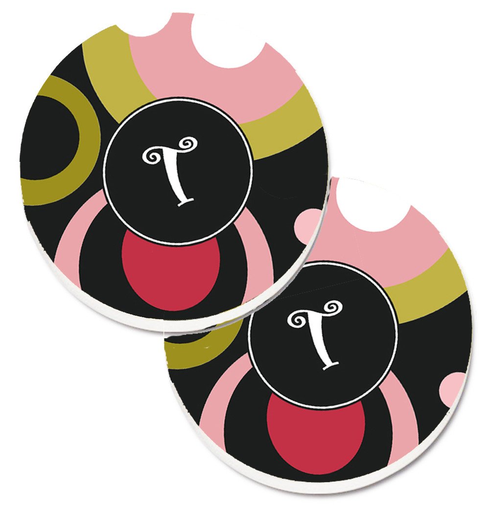 Letter T Monogram - Retro in Black  Set of 2 Cup Holder Car Coasters AM1001-TCARC by Caroline&#39;s Treasures