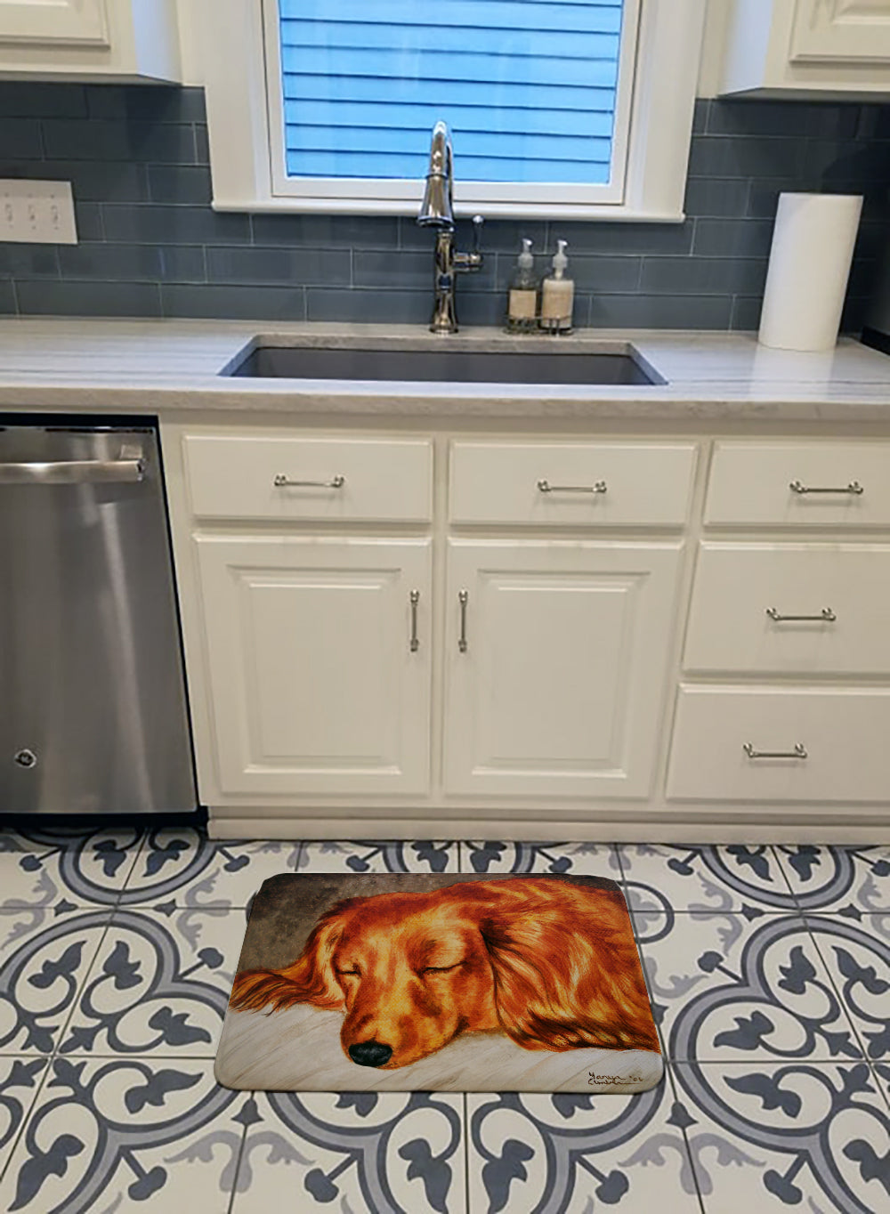 Red Longhaired Dachshund Machine Washable Memory Foam Mat AMB1202RUG - the-store.com