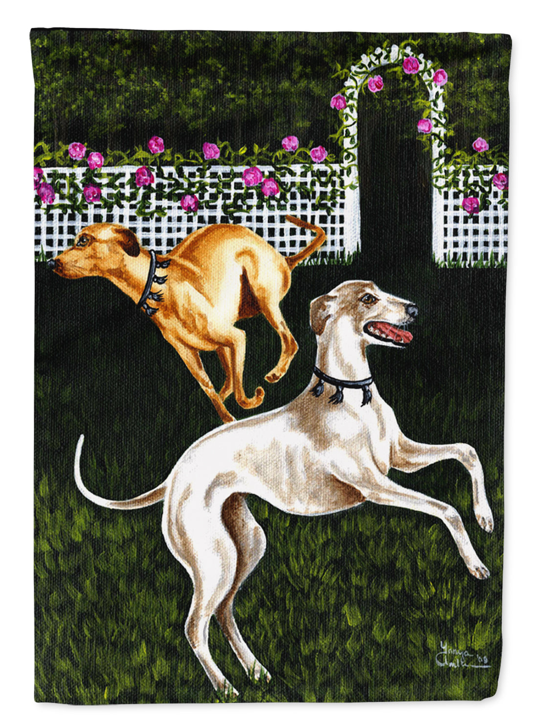 Rose Garden Frolick Greyhounds Flag Canvas House Size AMB1354CHF