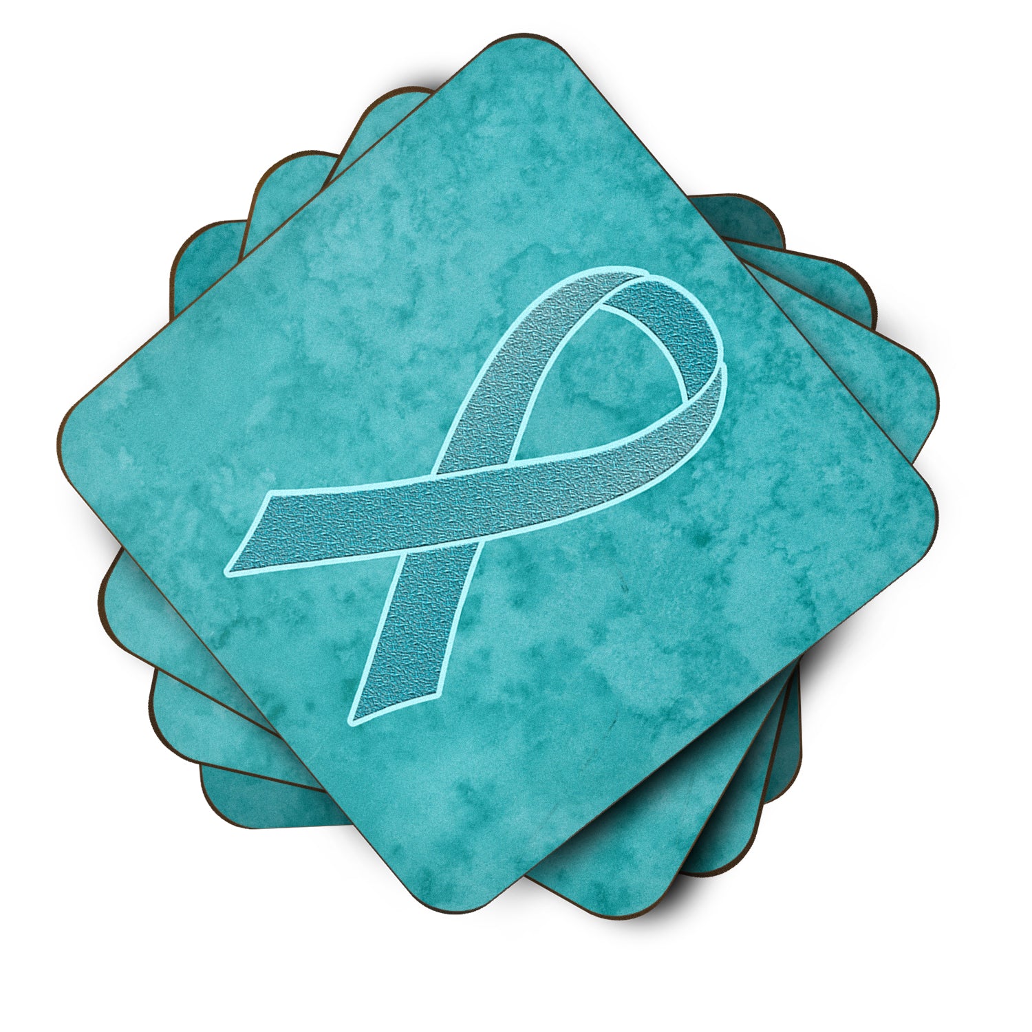 Set of 4 Teal Ribbon for Ovarian Cancer Awareness Foam Coasters AN1201FC - the-store.com