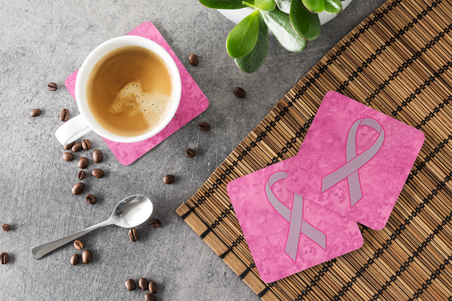 Set of 4 Pink Ribbon for Breast Cancer Awareness Foam Coasters AN1205FC - the-store.com