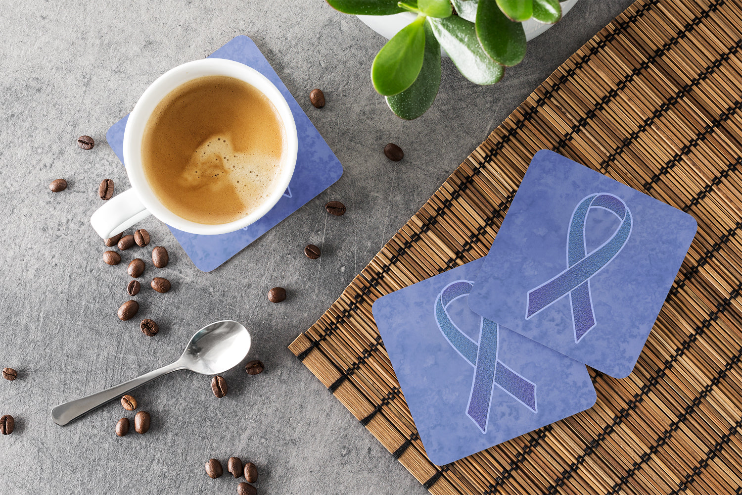 Set of 4 Periwinkle Blue Ribbon for Esophageal and Stomach Cancer Awareness Foam Coasters AN1208FC - the-store.com