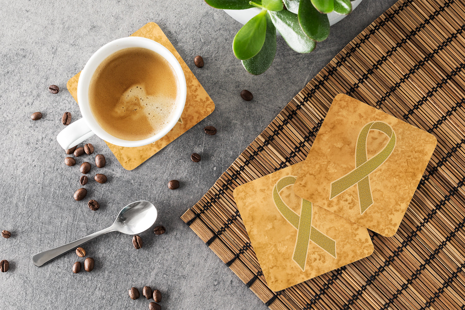 Set of 4 Gold Ribbon for Childhood Cancers Awareness Foam Coasters AN1209FC - the-store.com