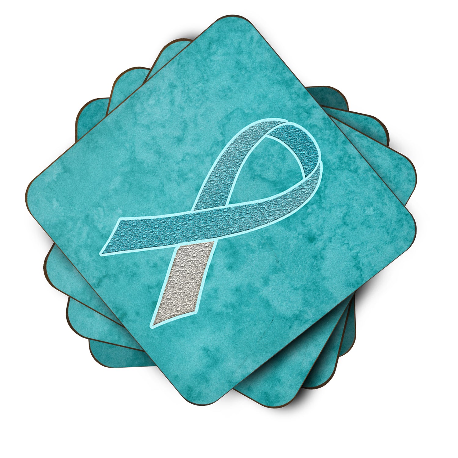 Set of 4 Teal and White Ribbon for Cervical Cancer Awareness Foam Coasters AN1215FC - the-store.com