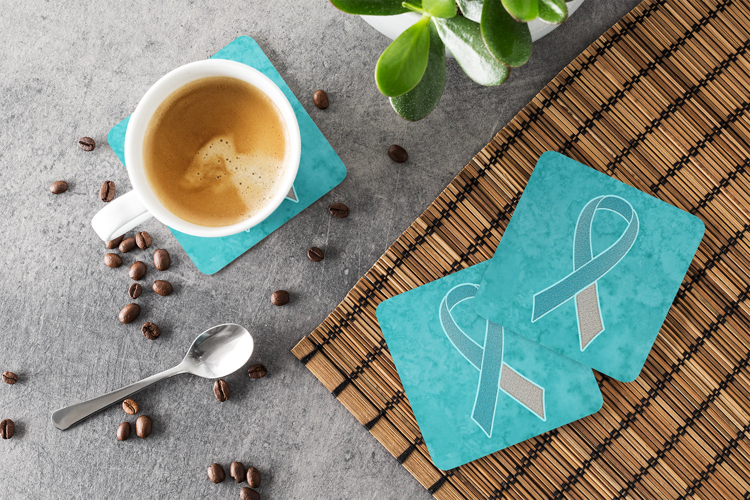 Set of 4 Teal and White Ribbon for Cervical Cancer Awareness Foam Coasters AN1215FC - the-store.com