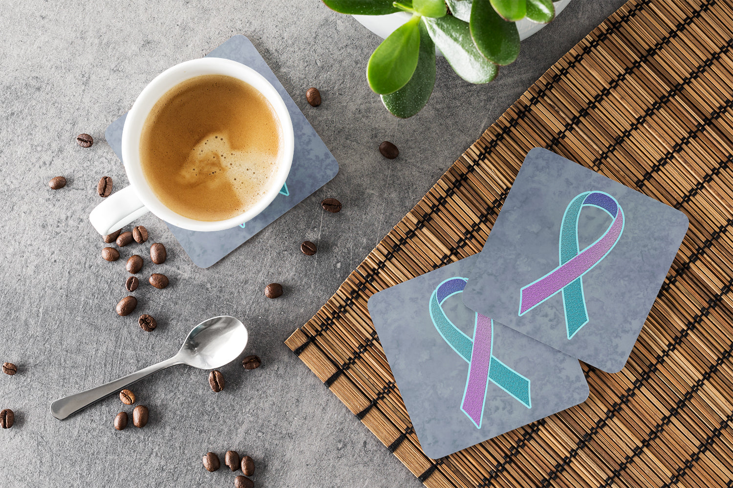 Set of 4 Teal, Pink and Blue Ribbon for Thyroid Cancer Awareness Foam Coasters AN1217FC - the-store.com
