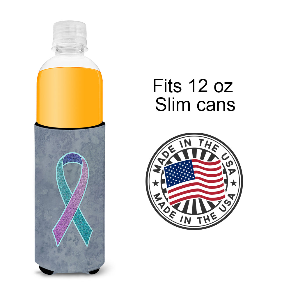 Teal, Pink and Blue Ribbon for Thyroid Cancer Awareness Ultra Beverage Insulators for slim cans AN1217MUK.