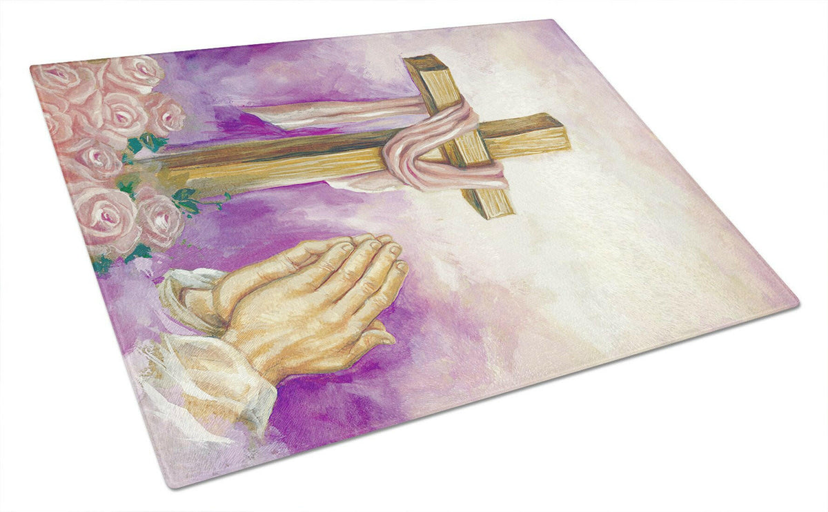 Easter Cross with Praying Hands Glass Cutting Board Large APH2810LCB by Caroline&#39;s Treasures