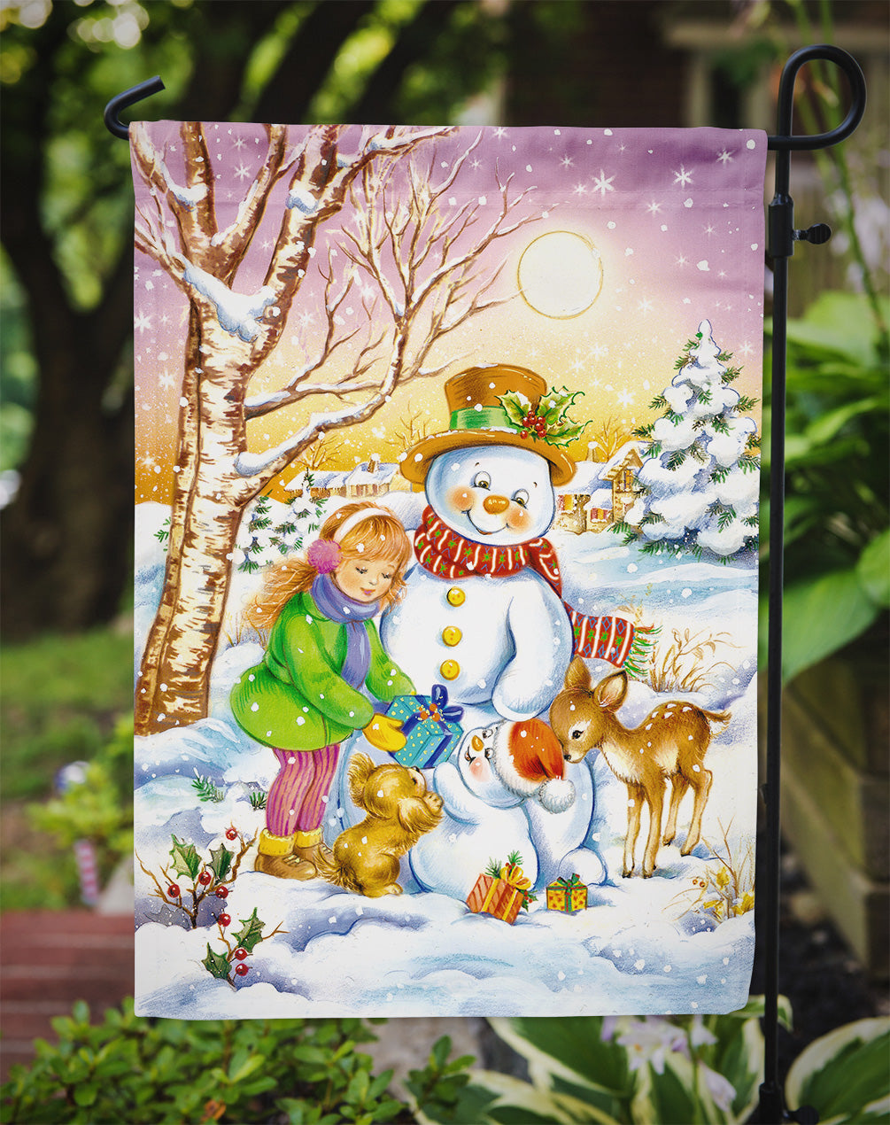 Girl and Animals with Snowman Flag Garden Size APH3544GF
