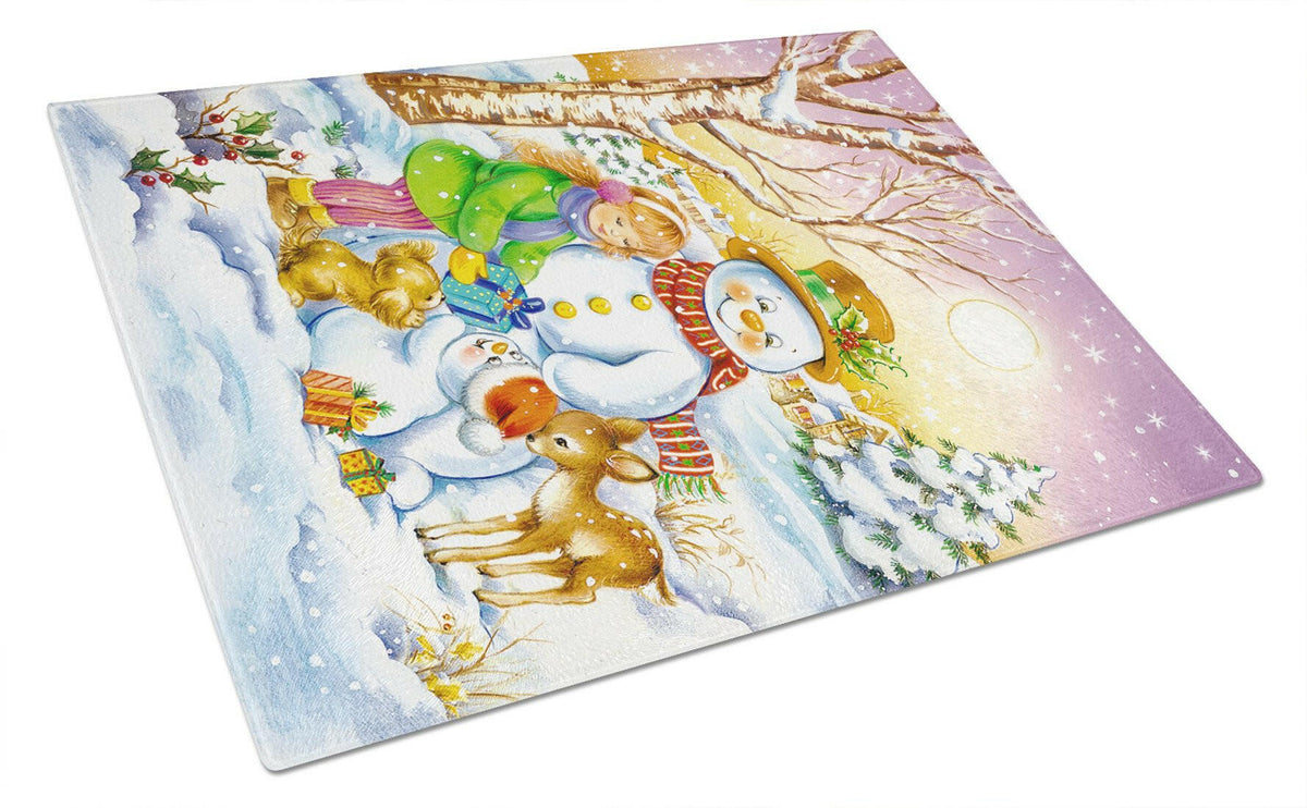 Girl and Animals with Snowman Glass Cutting Board Large APH3544LCB by Caroline&#39;s Treasures