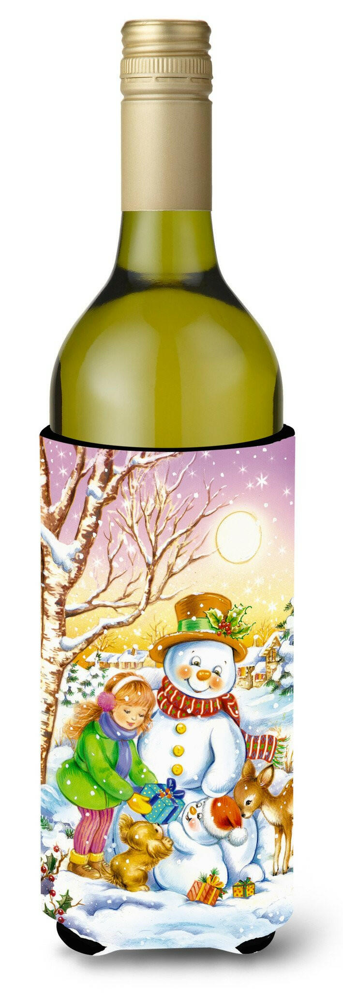 Girl and Animals with Snowman Wine Bottle Beverage Insulator Hugger APH3544LITERK by Caroline&#39;s Treasures