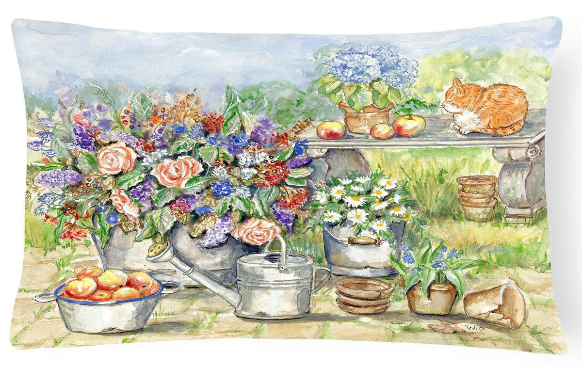 Patio Bouquet and Cat Fabric Decorative Pillow APH3567PW1216 by Caroline&#39;s Treasures