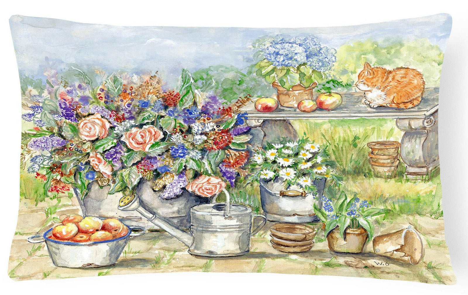 Patio Bouquet and Cat Fabric Decorative Pillow APH3567PW1216 by Caroline's Treasures