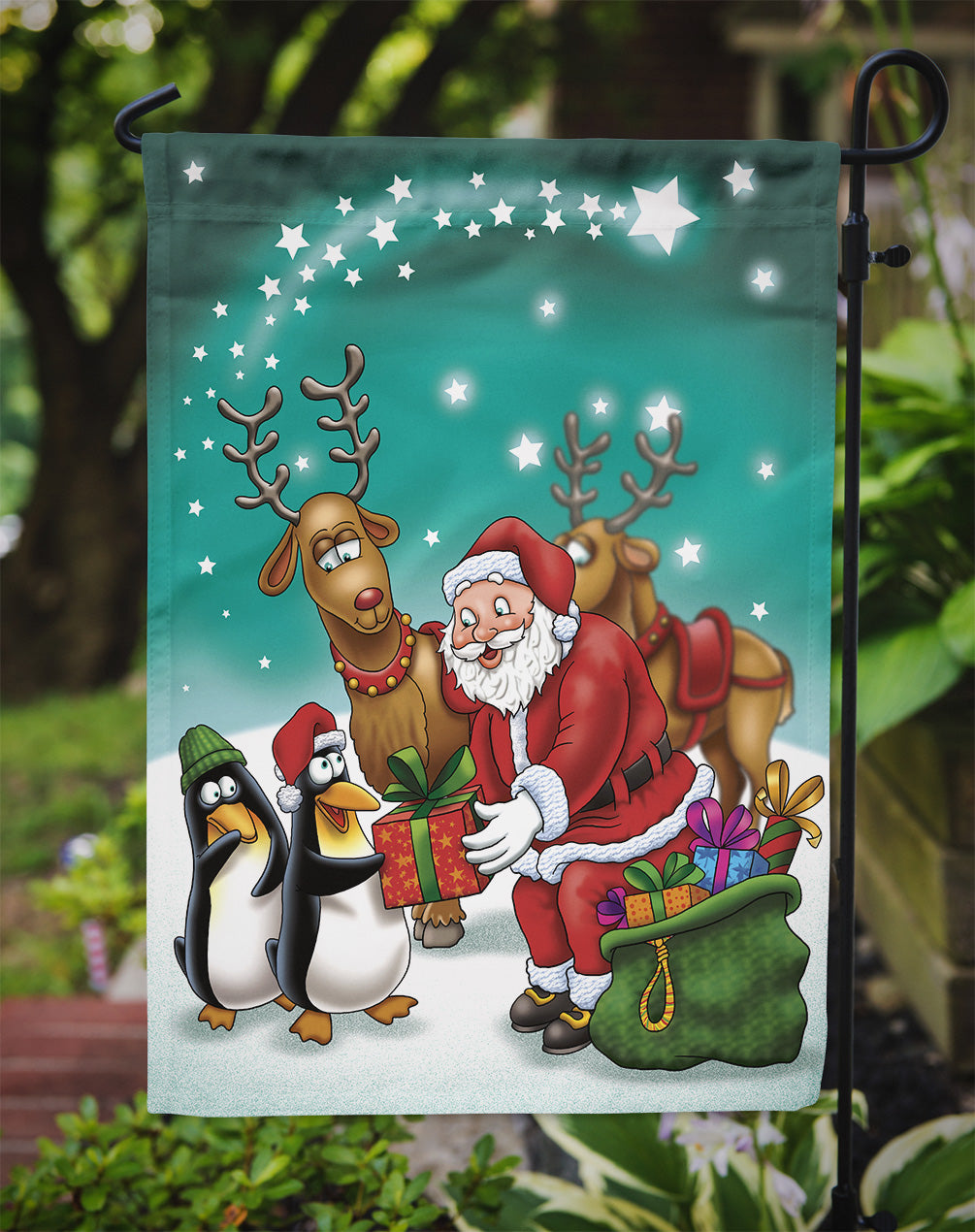 Santa Claus Christmas with the penguins Flag Garden Size APH3872GF.