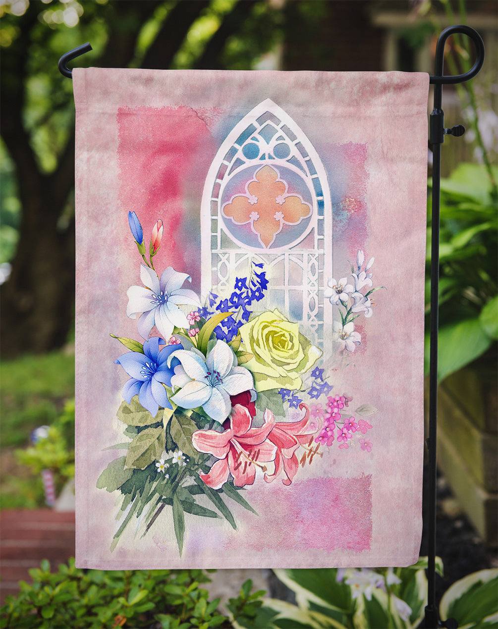 Church Window and Flowers Flag Garden Size APH3934GF  the-store.com.