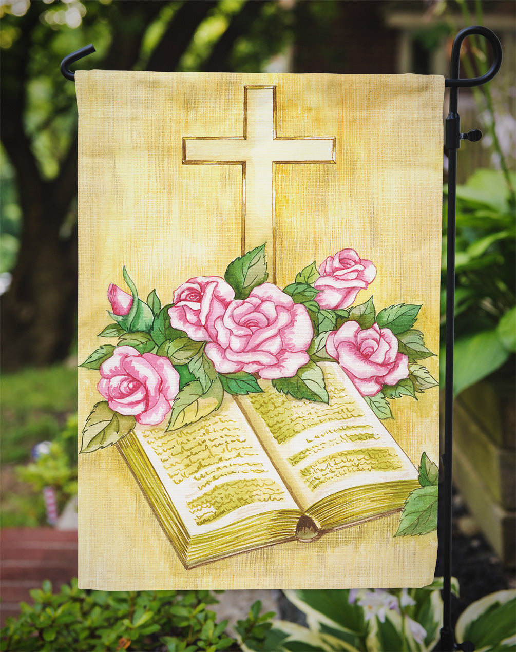 Easter Cross and Bible with Roses Flag Garden Size APH4072GF  the-store.com.
