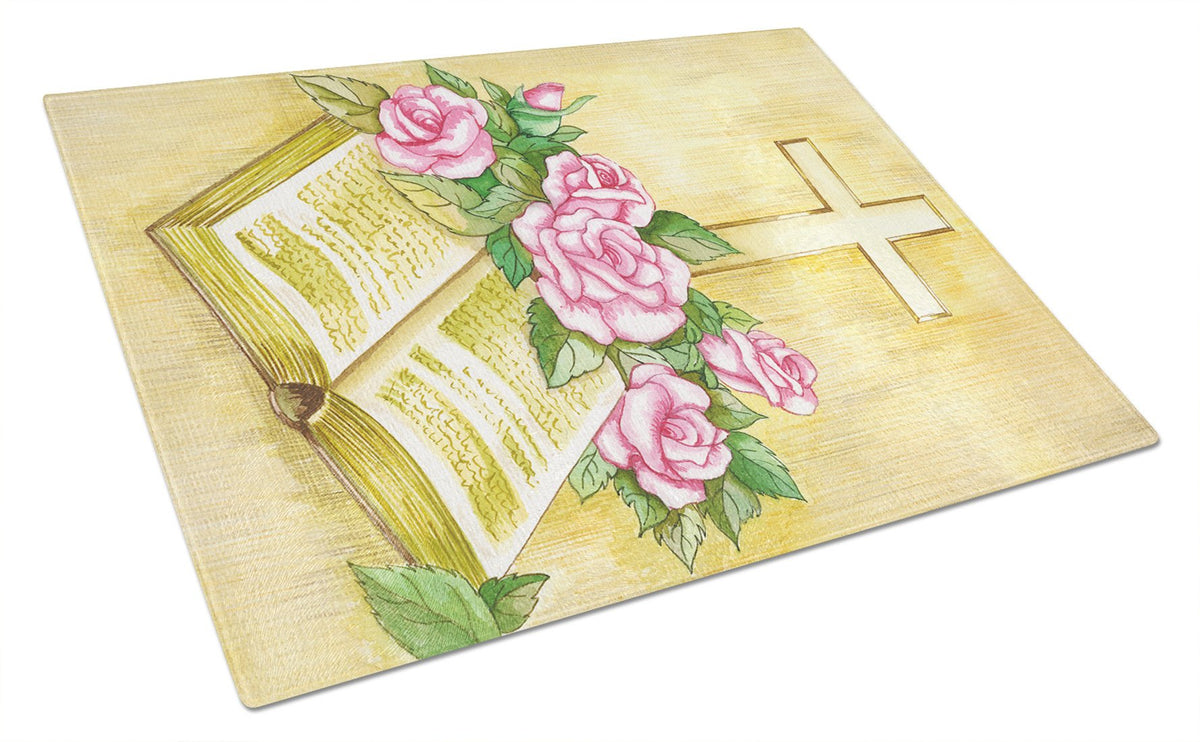 Easter Cross and Bible with Roses Glass Cutting Board Large APH4072LCB by Caroline&#39;s Treasures