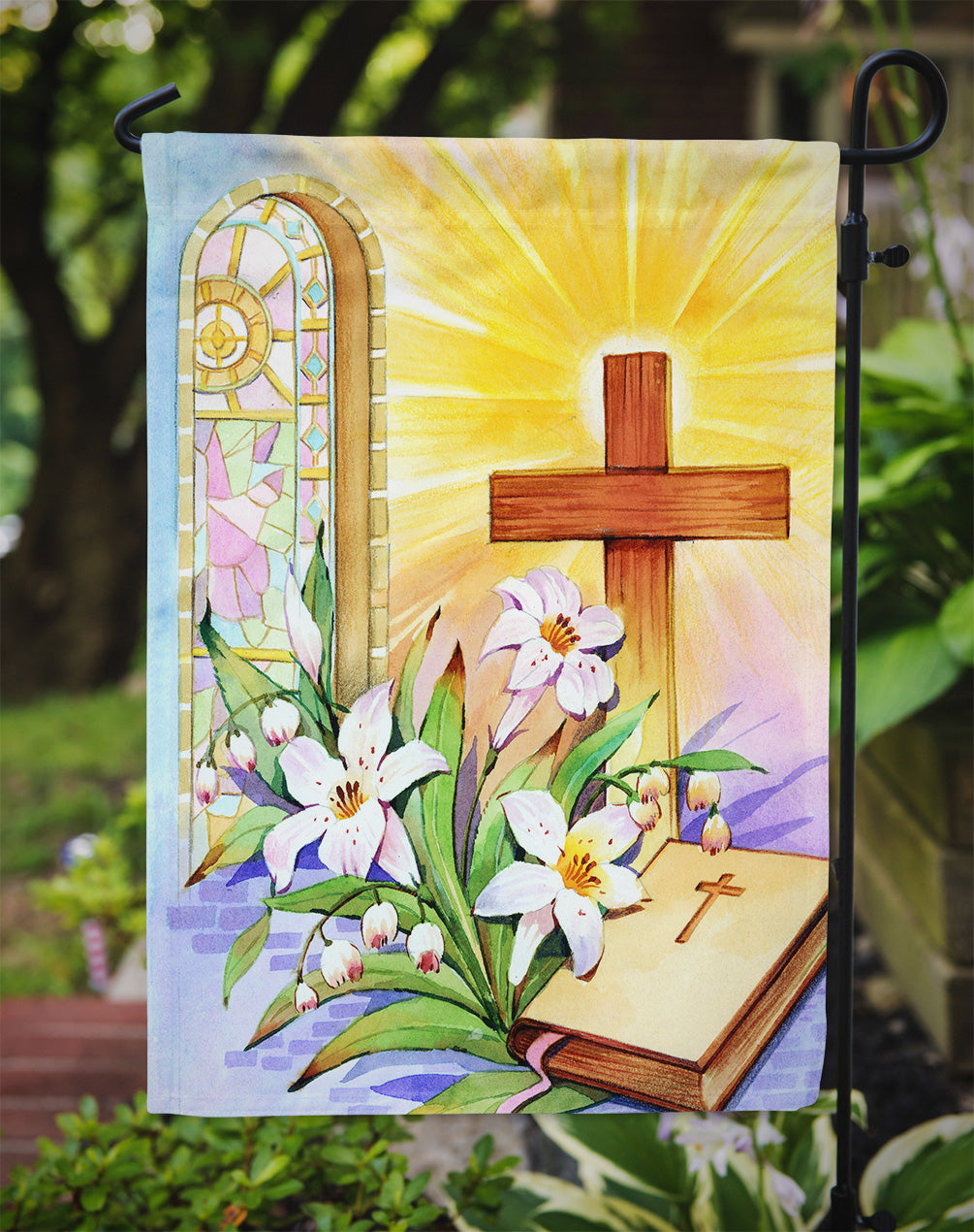 Easter Cross and Bible in Stain Glass Window Flag Garden Size APH5433GF