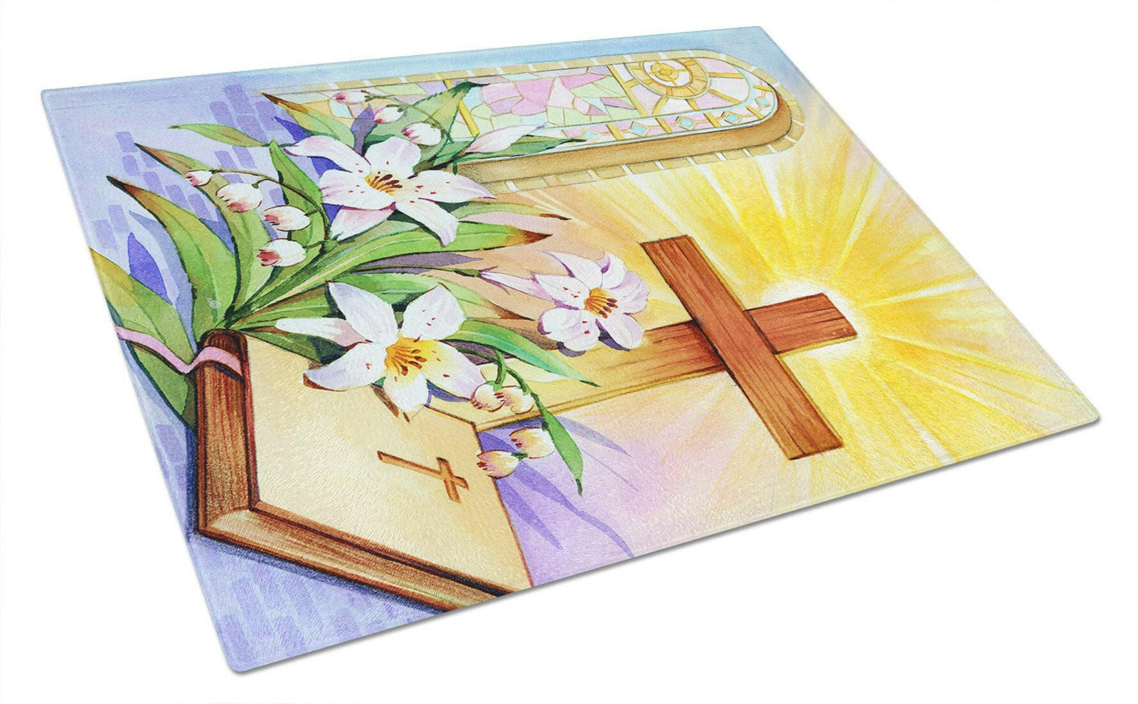 Easter Cross and Bible in Stain Glass Window Glass Cutting Board Large APH5433LCB by Caroline's Treasures