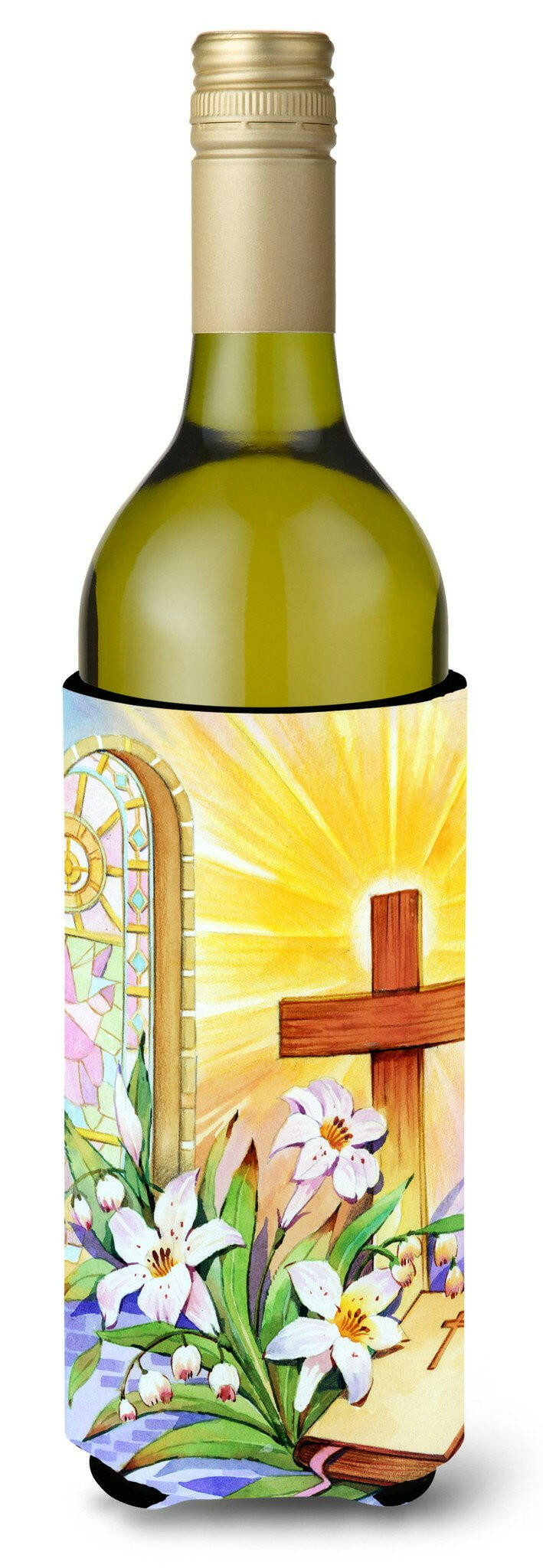 Easter Cross and Bible in Stain Glass Window Wine Bottle Beverage Insulator Hugger APH5433LITERK by Caroline&#39;s Treasures
