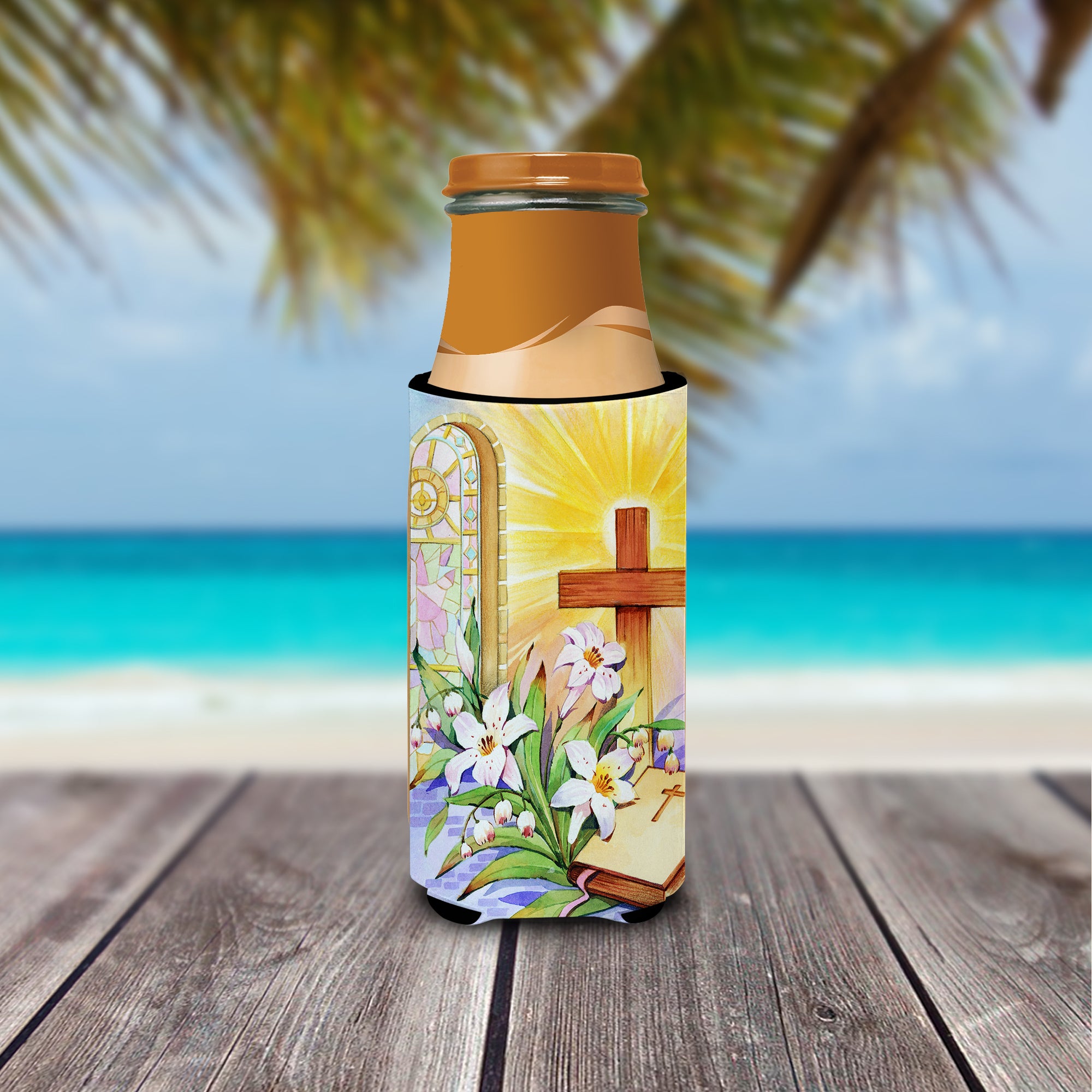 Croix de Pâques et Bible en vitrail Isolants Ultra Beverage pour canettes minces APH5433MUK