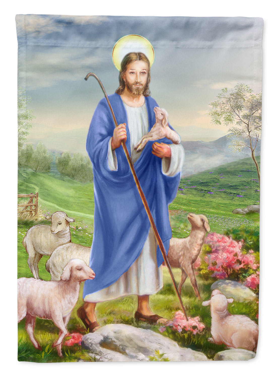 Jesus the Shepherd and his flock of sheep Flag Canvas House Size APH9640CHF  the-store.com.