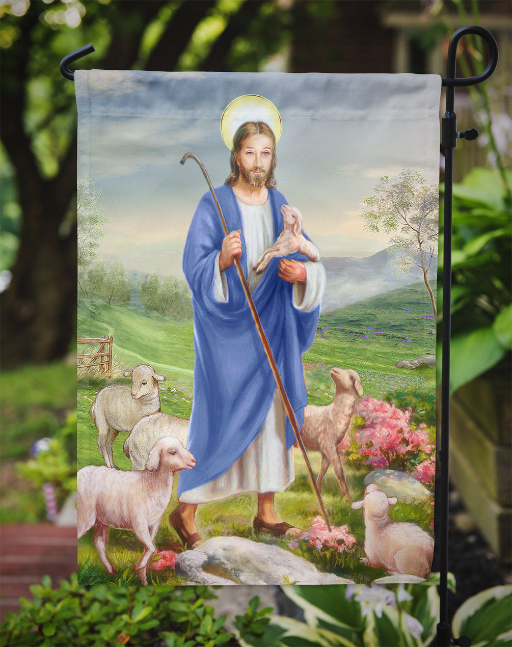 Jesus the Shepherd and his flock of sheep Flag Garden Size APH9640GF