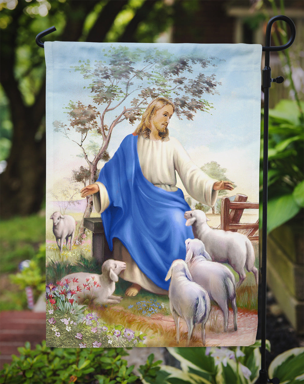 Jesus and his flock of sheep Flag Garden Size APH9641GF  the-store.com.