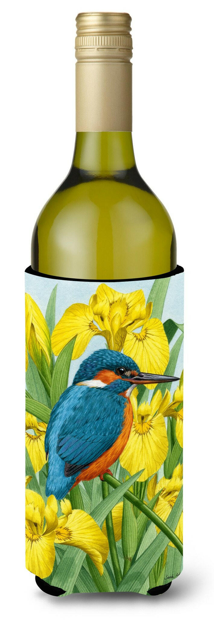 Kingfisher in Yellow Irises Wine Bottle Beverage Insulator Hugger ASA2009LITERK by Caroline&#39;s Treasures