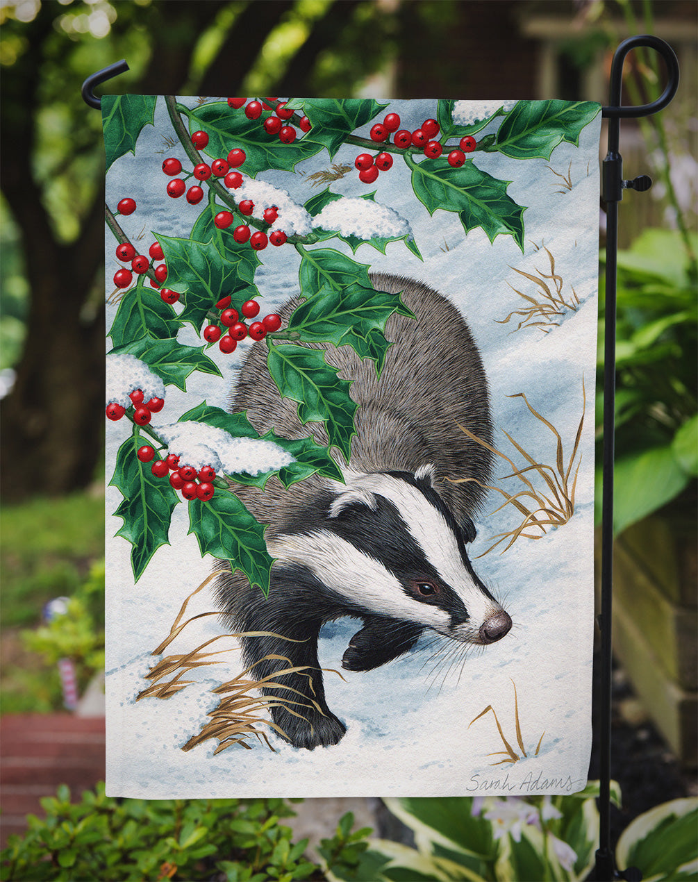 Badgers with Holly Berries Flag Garden Size ASA2039GF.