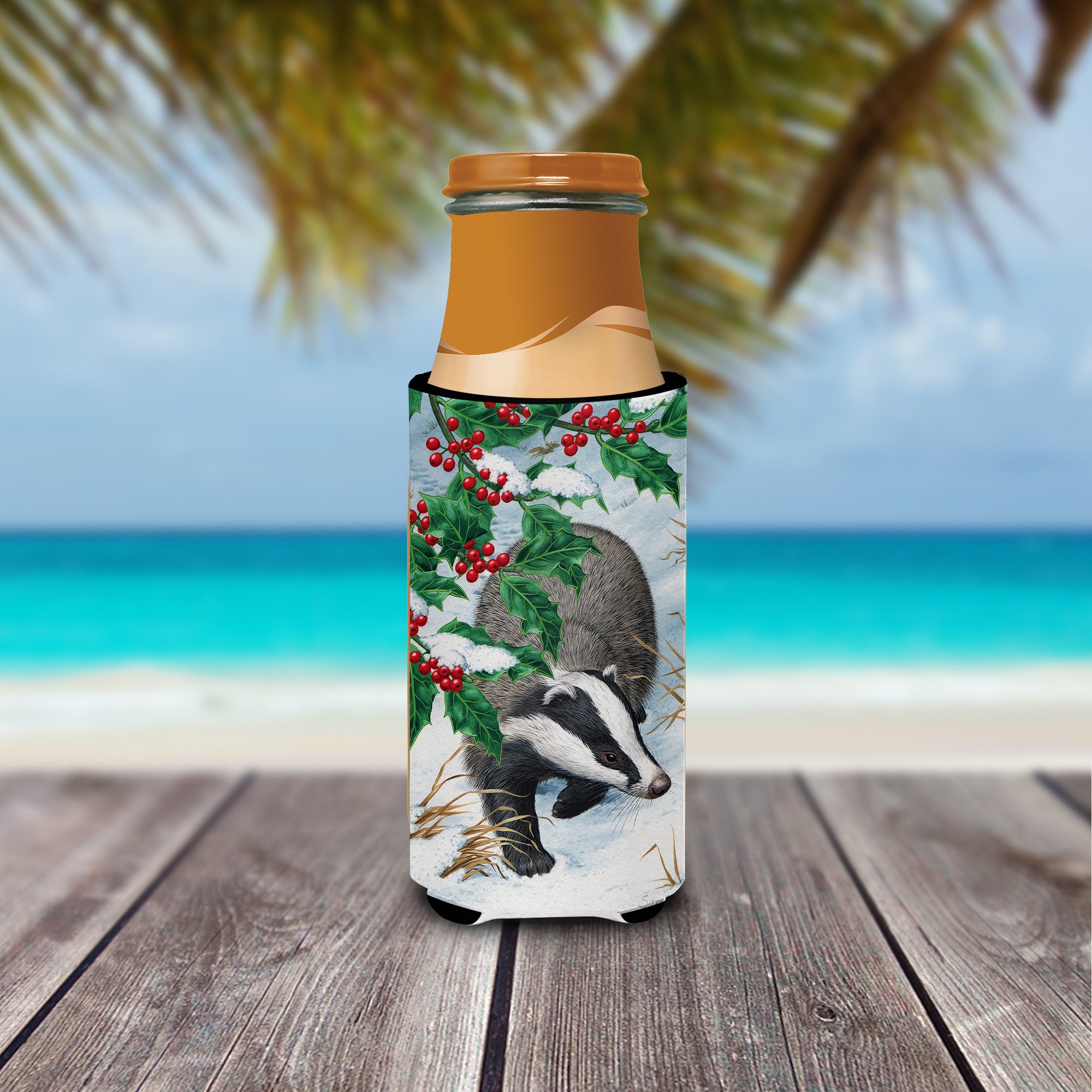 Badgers with Holly Berries Ultra Beverage Insulators for slim cans ASA2039MUK  the-store.com.