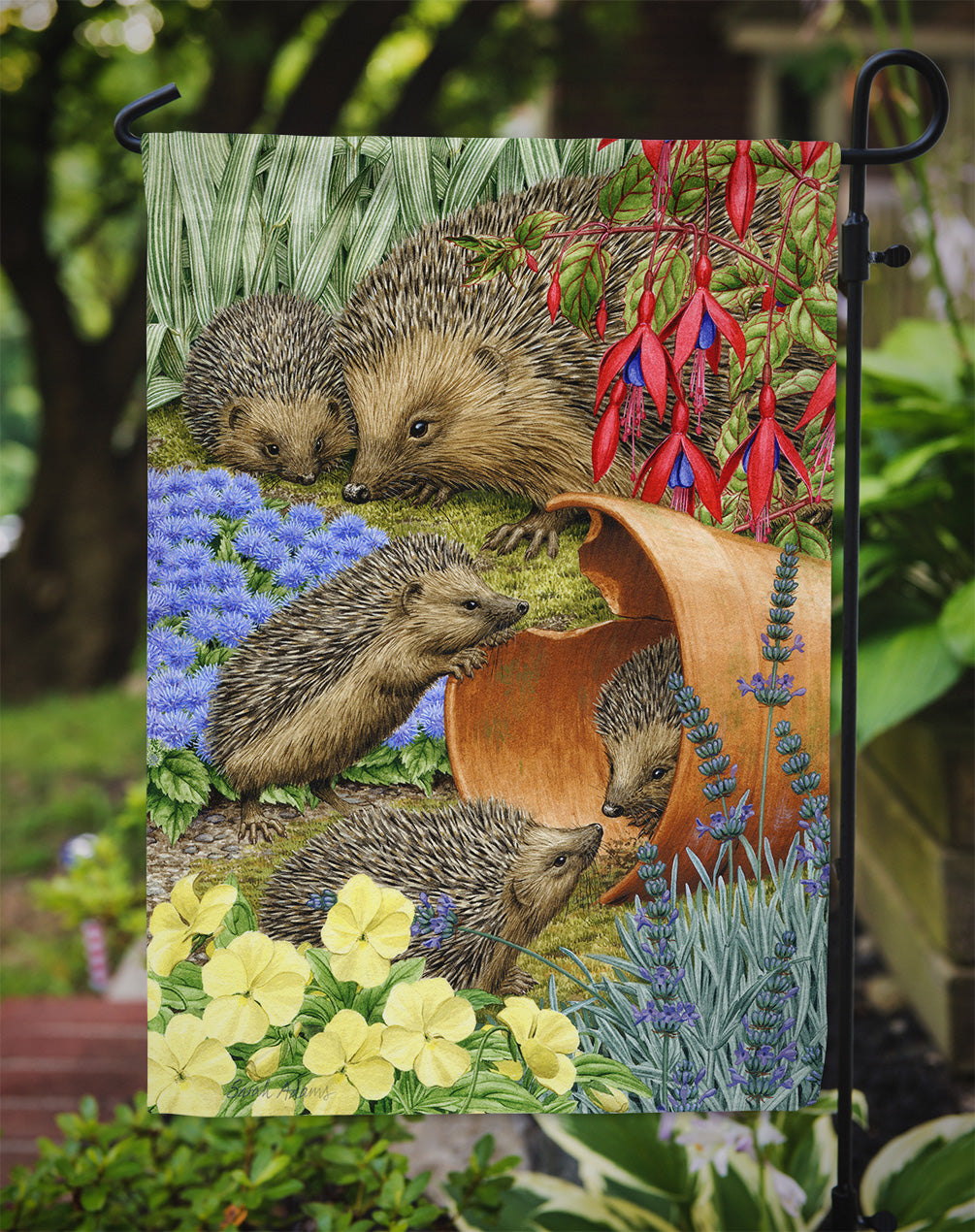 Hedgehogs in the Flower Pot Flag Garden Size ASA2087GF