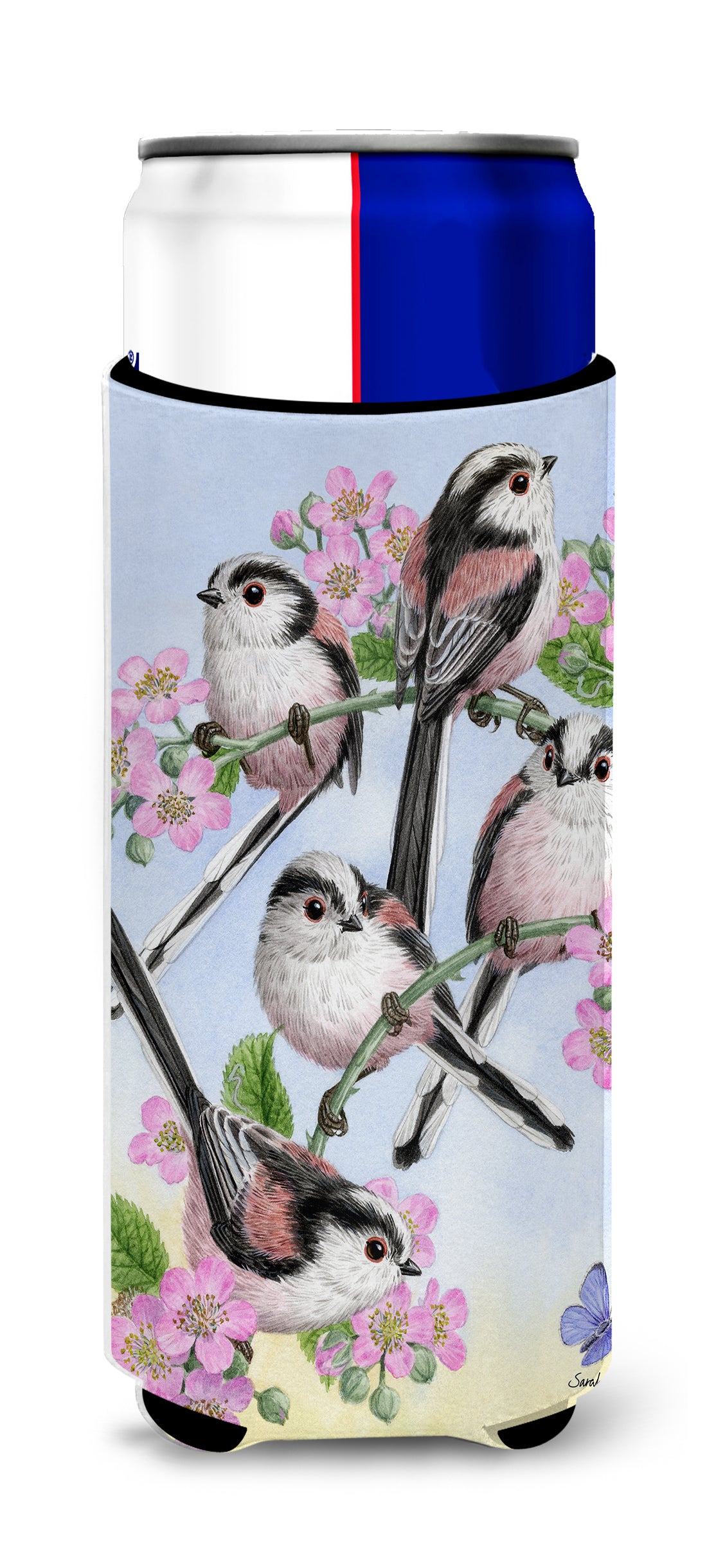 Party of 5 Long Tailed Tits Ultra Beverage Insulators for slim cans ASA2163MUK