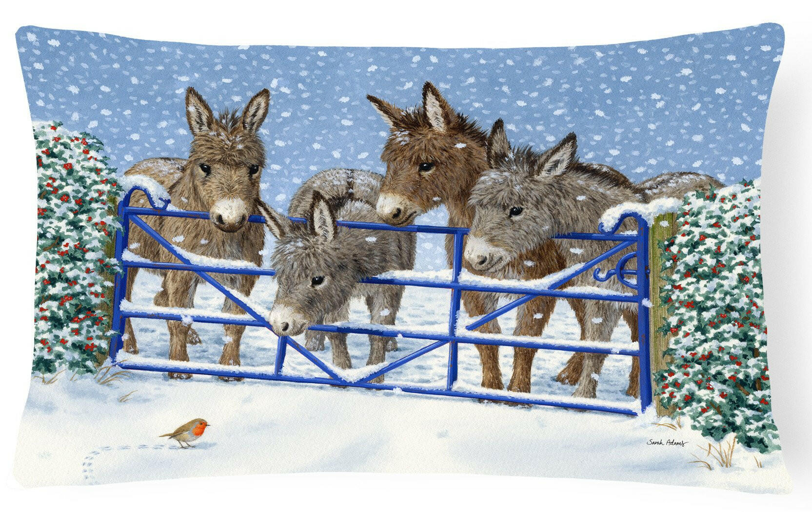 Donkeys and Robin at the Fence Fabric Decorative Pillow ASA2210PW1216 by Caroline's Treasures