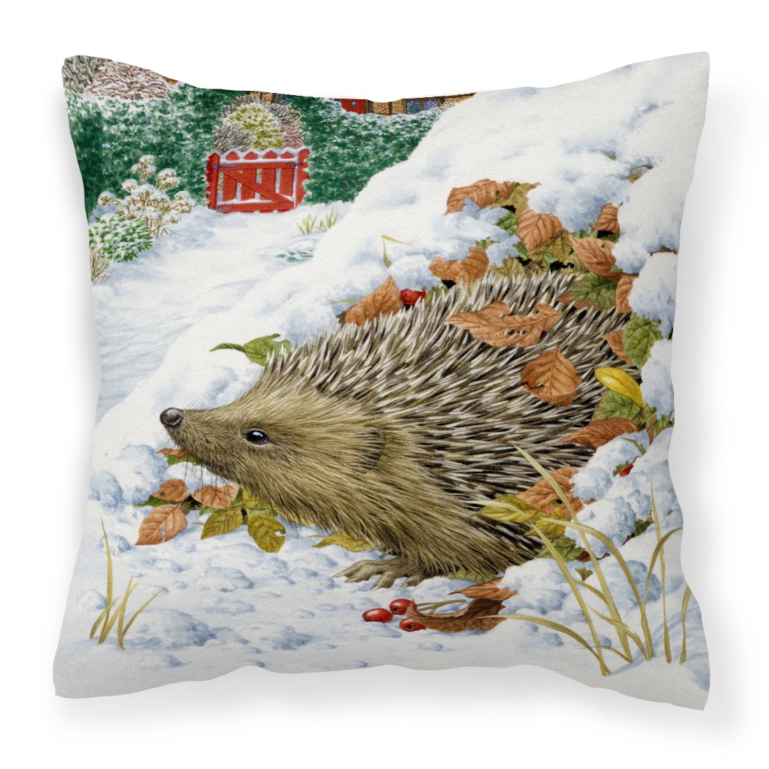Hedgehog and Red Gate Cottage Canvas Decorative Pillow by Caroline's Treasures