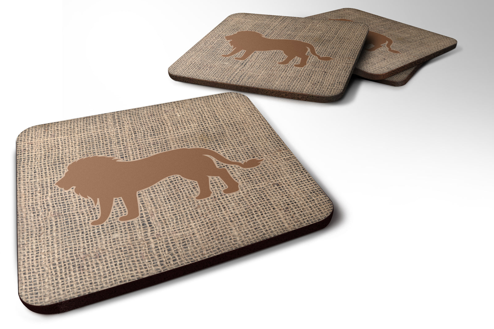 Set of 4 Lion Burlap and Brown Foam Coasters - the-store.com