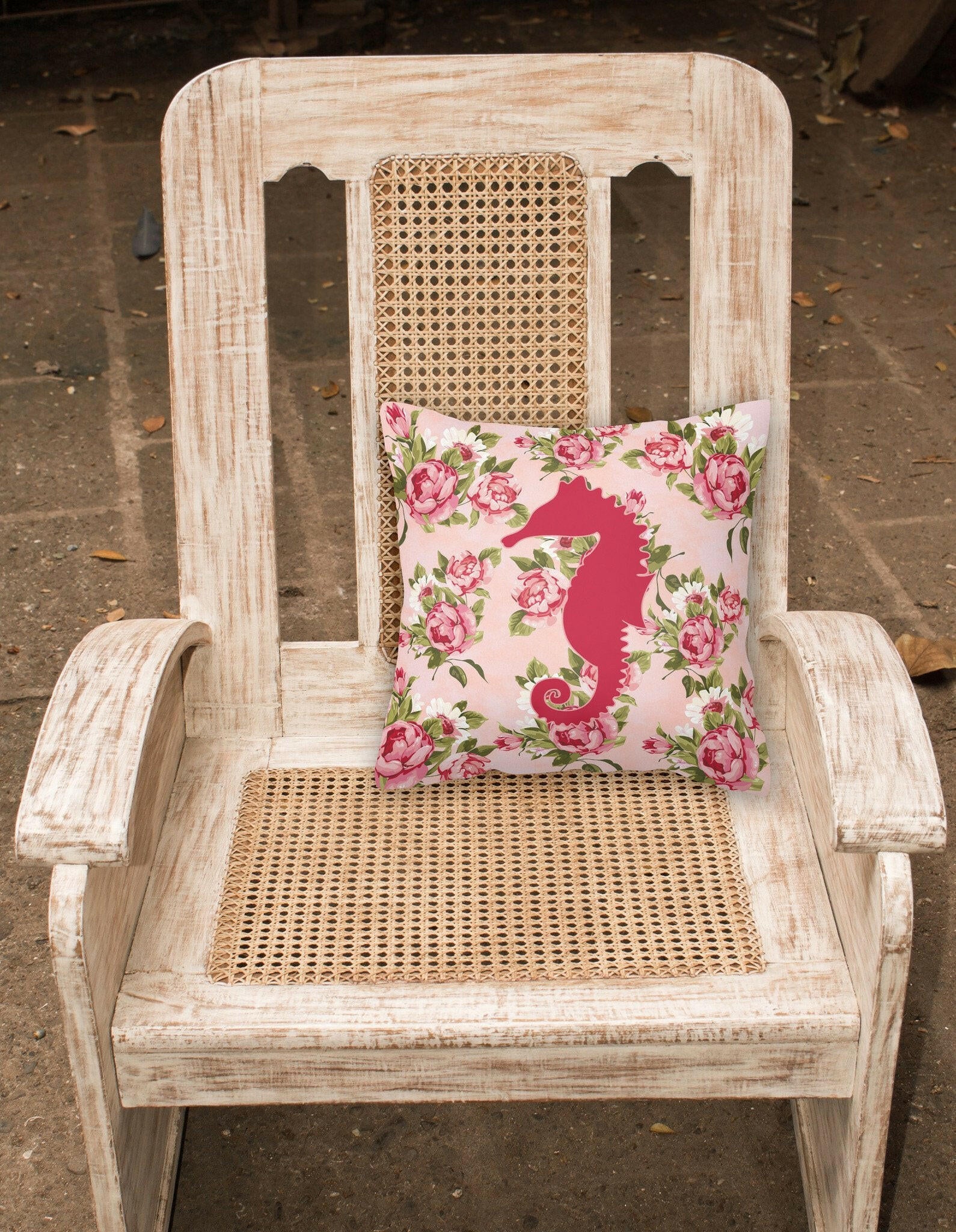 Sea Horse Shabby Chic Pink Roses  Fabric Decorative Pillow BB1018-RS-PK-PW1414 - the-store.com