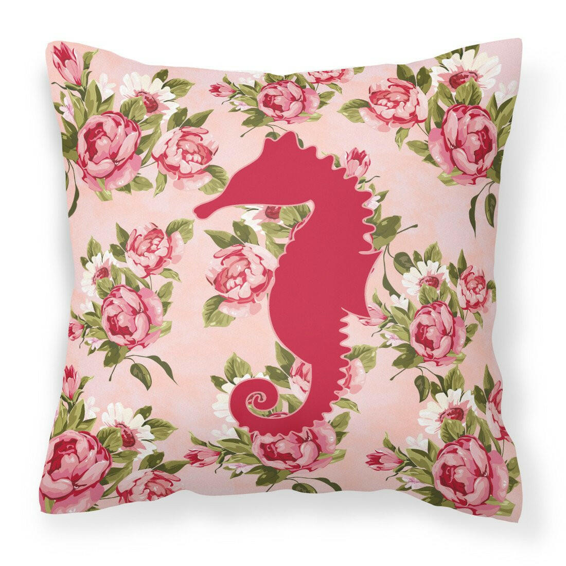 Sea Horse Shabby Chic Pink Roses  Fabric Decorative Pillow BB1018-RS-PK-PW1414 - the-store.com