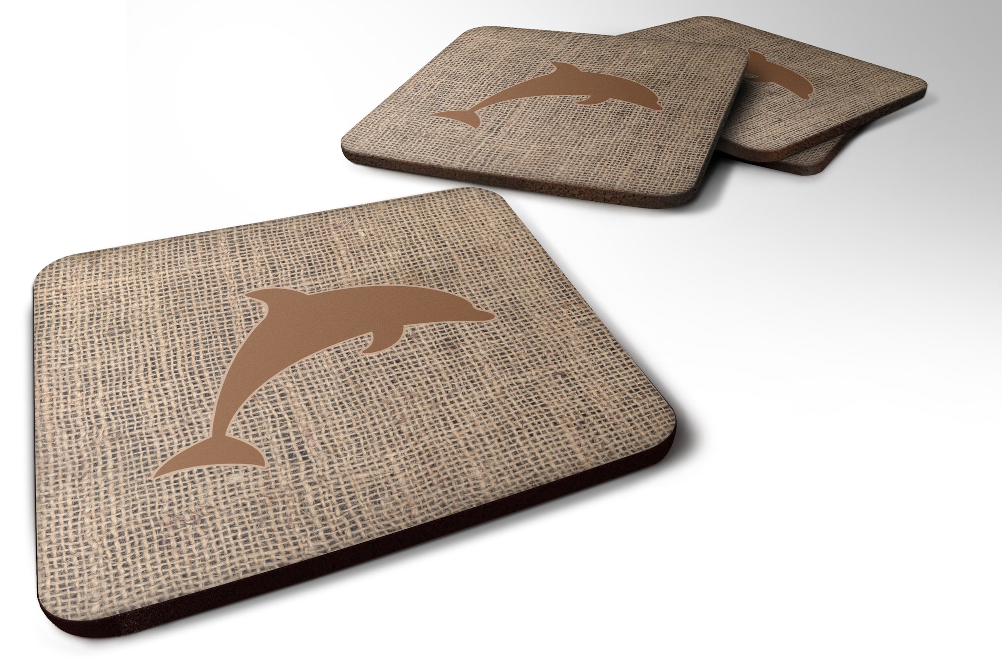 Set of 4 Dolphin Burlap and Brown Foam Coasters - the-store.com