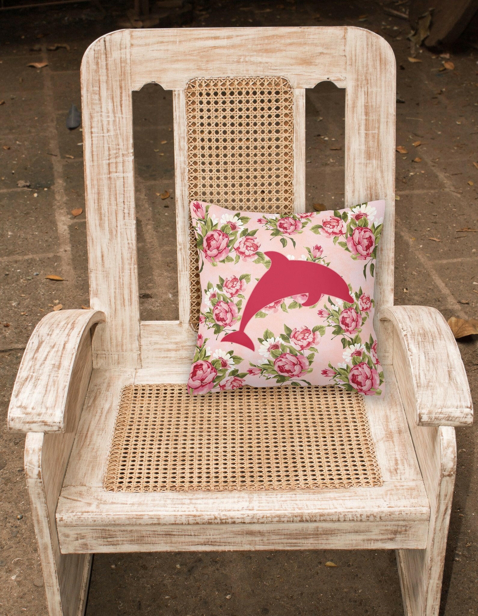 Dolphin Shabby Chic Pink Roses  Fabric Decorative Pillow BB1025-RS-PK-PW1414 - the-store.com