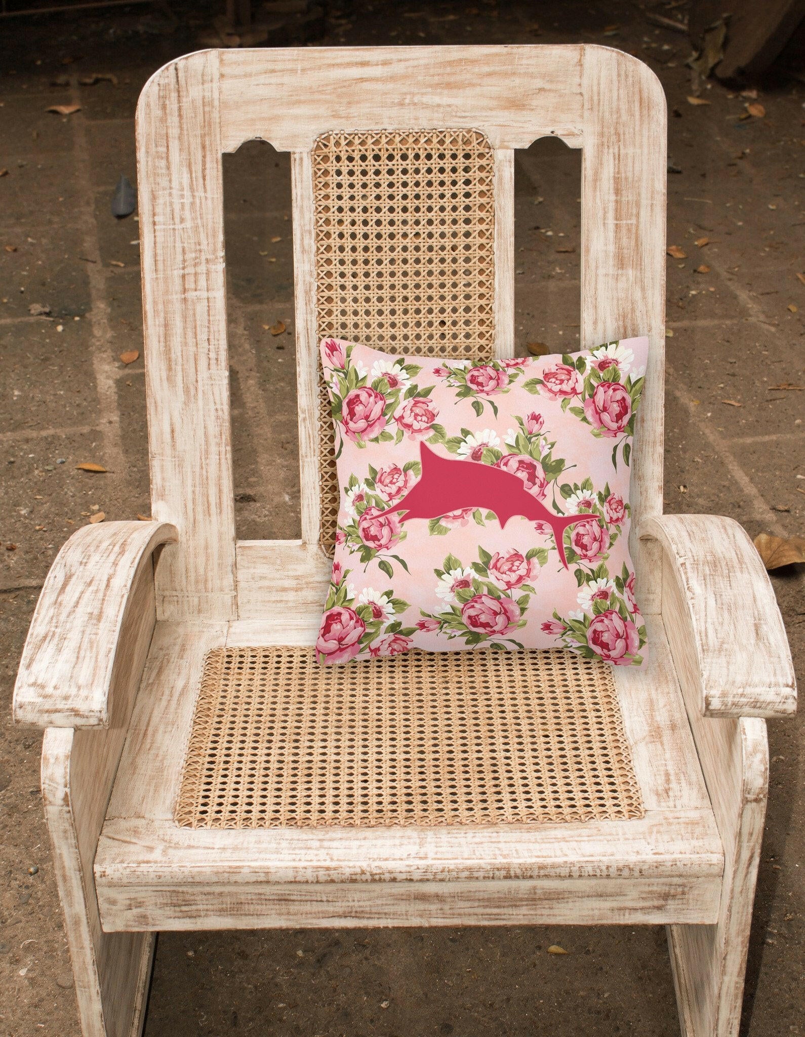 Fish - Marlin Shabby Chic Pink Roses  Fabric Decorative Pillow BB1026-RS-PK-PW1414 - the-store.com