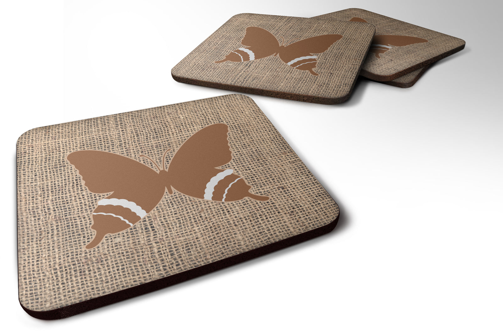 Set of 4 Butterfly Burlap and Brown Foam Coasters - the-store.com