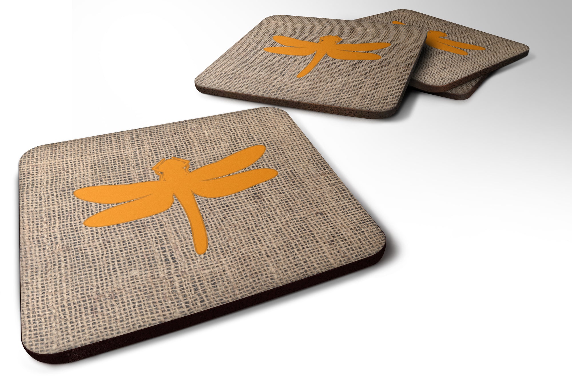 Set of 4 Dragonfly Burlap and Orange Foam Coasters - the-store.com