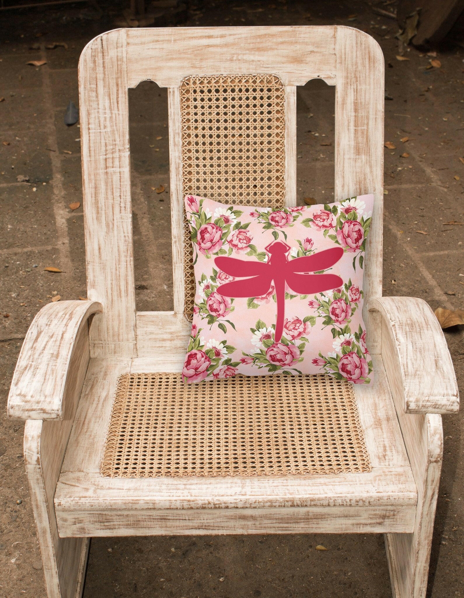 Dragonfly Shabby Chic Pink Roses  Fabric Decorative Pillow BB1062-RS-PK-PW1414 - the-store.com