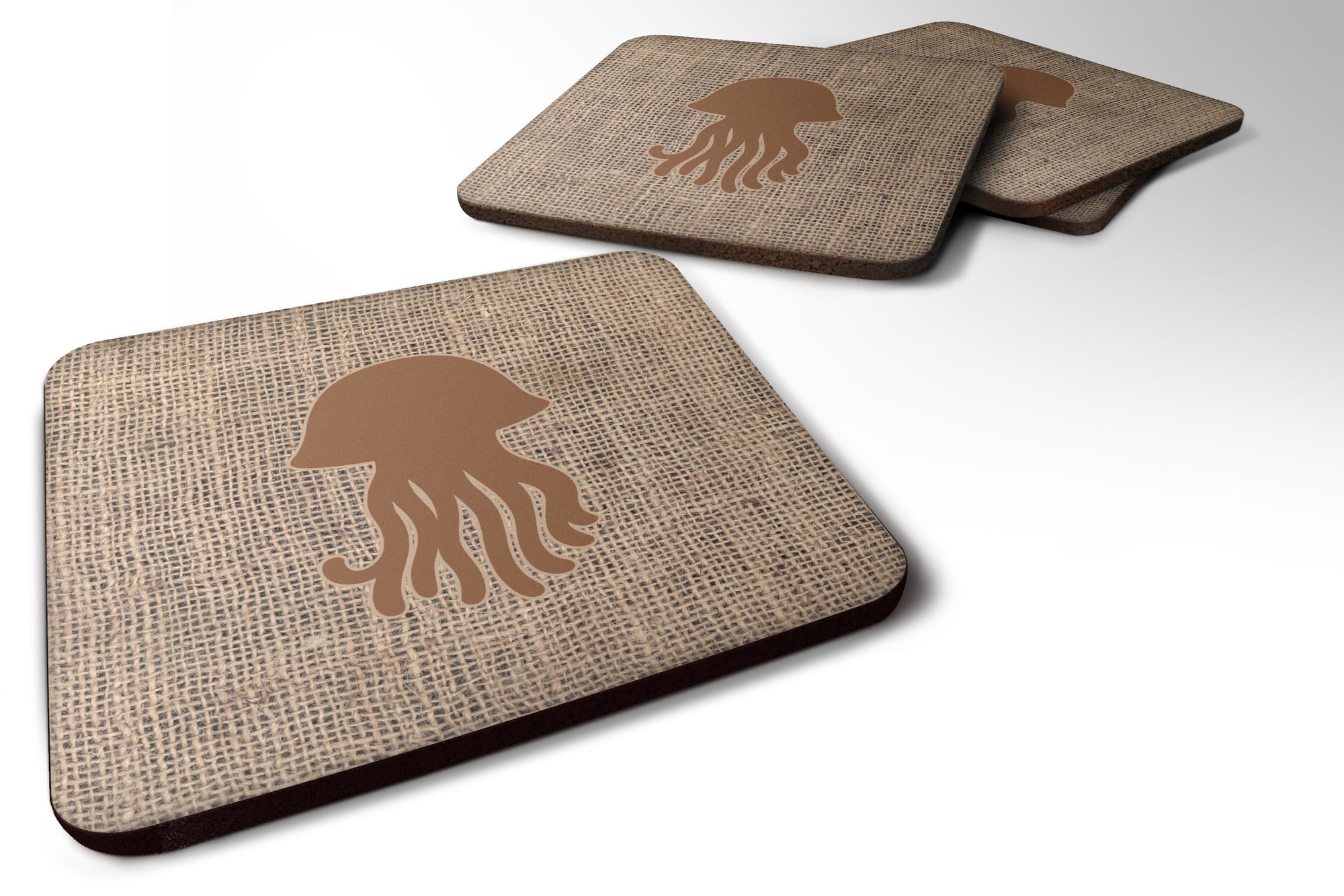 Set of 4 Jellyfish Burlap and Brown Foam Coasters - the-store.com