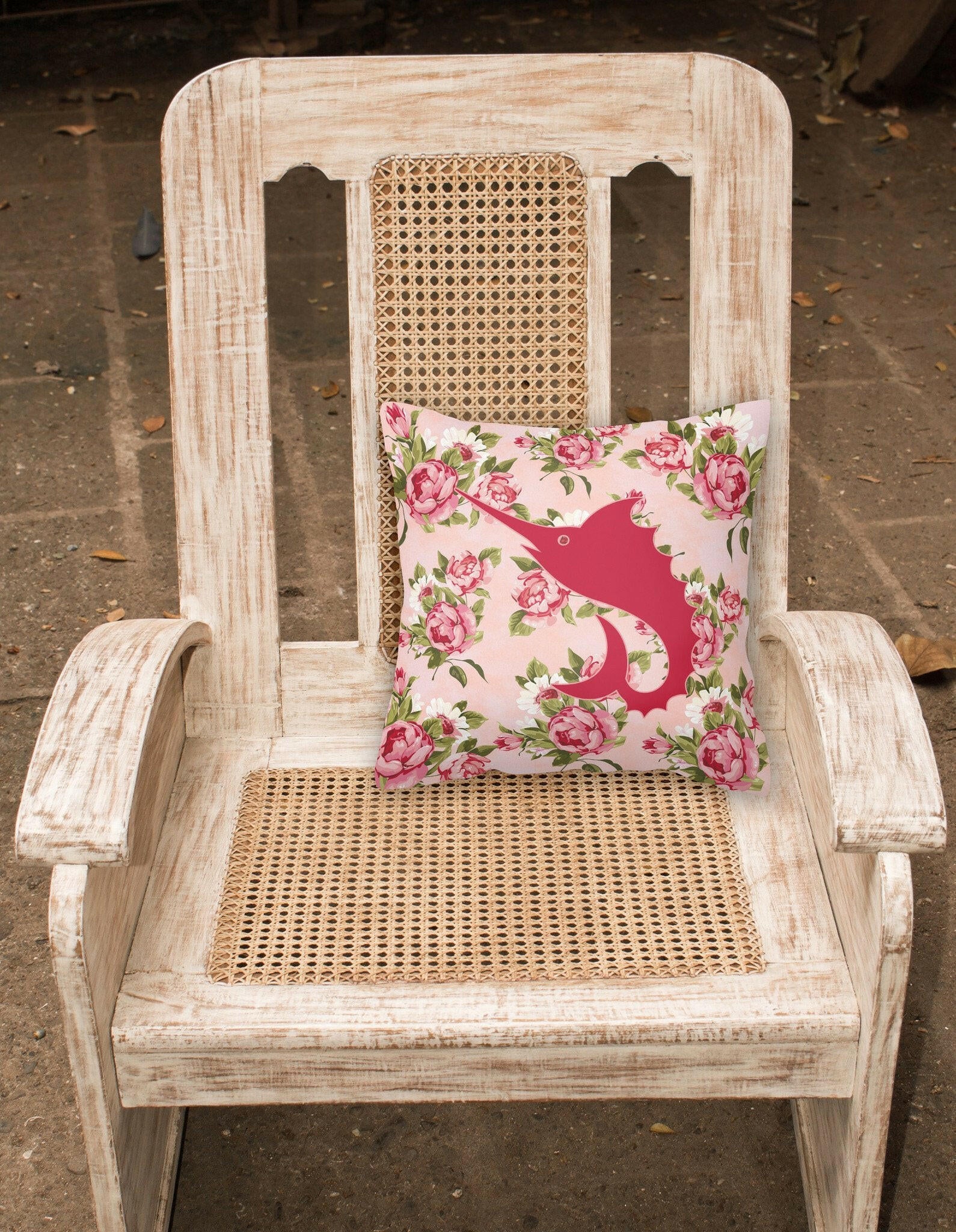 Fish - Sword Fish Shabby Chic Pink Roses  Fabric Decorative Pillow BB1097-RS-PK-PW1414 - the-store.com
