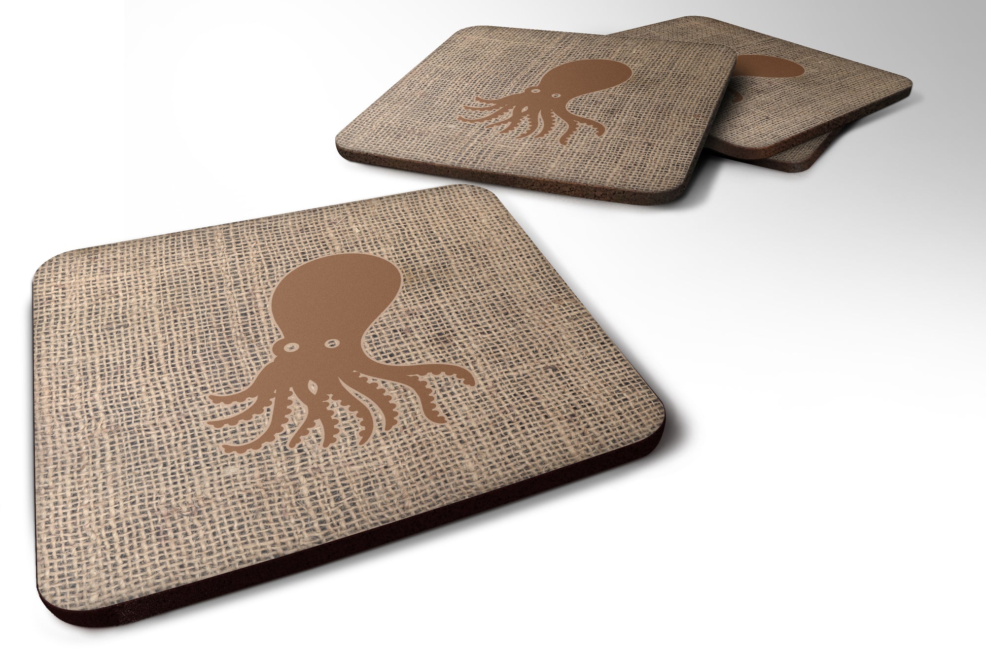 Set of 4 Octopus Burlap and Brown Foam Coasters - the-store.com
