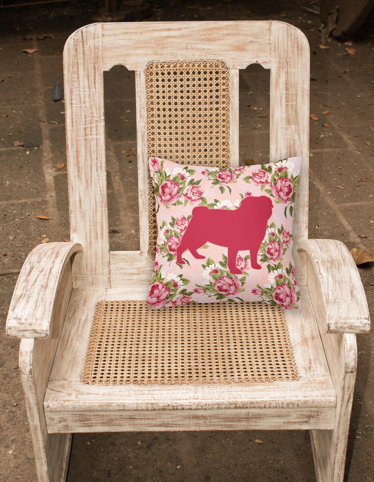 Pug Shabby Chic Pink Roses  Fabric Decorative Pillow BB1112-RS-PK-PW1414 - the-store.com